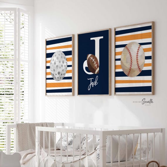 Sports wall art navy blue and orange, retro sports decor gift, sports art, personalized name picture sports theme, little boy sports custom