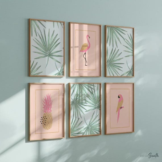 Tropical Nursery Prints: Pink Flamingo, Palm Leaf, Pineapple