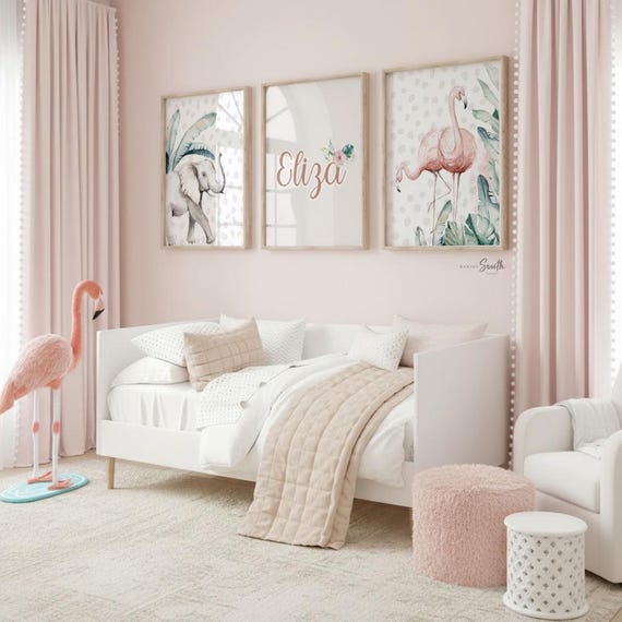 Tropical Nursery Art Print Set: Flamingo, Elephant, Personalized Name