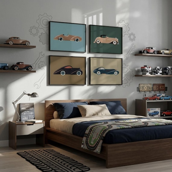 Retro Car Art Print Set: Vintage Nursery Decor