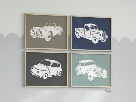 Vintage car and truck decor, vintage nursery decor, boys transportation prints, transportation nursery theme, boys car nursery, car wall art