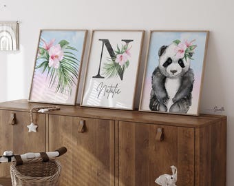 Decoración de guardería de panda: impresiones de acuarela de flores tropicales, arte con nombre personalizado
