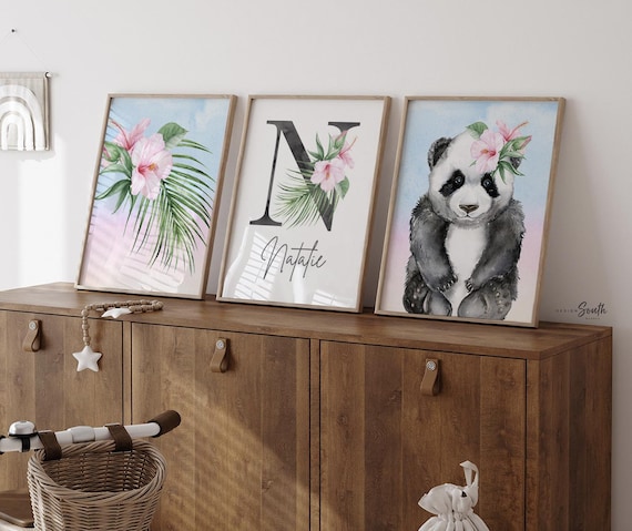 Panda Nursery Decor: Tropical Flower Watercolor Prints, Personalized Name Art
