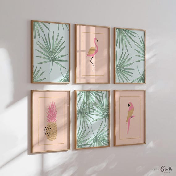 Tropical nursery baby, pink palm trees nursery wall, green palm leaf flamingo bedroom, baby girl nursery ideas, themed nursery tropical girl