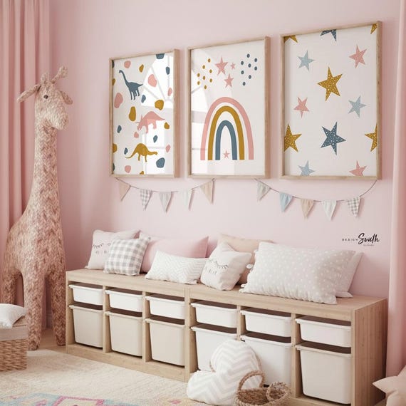 Girl Dinosaur Art Prints: Terrazzo Pattern, Pink Theme