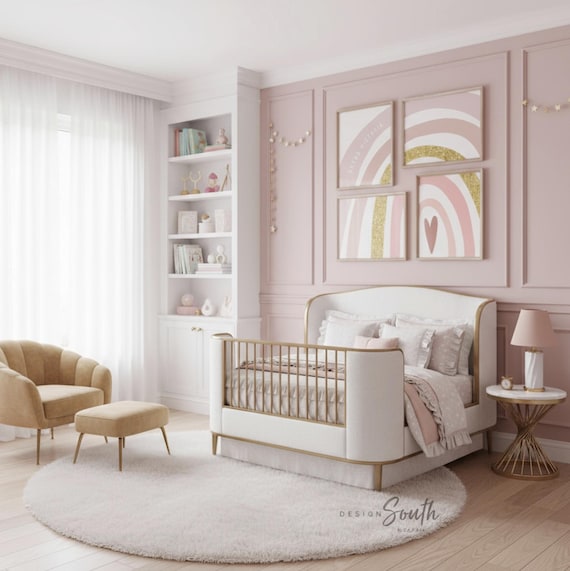 Pink and Gold Rainbow Art Prints: Personalized Nursery Decor Set