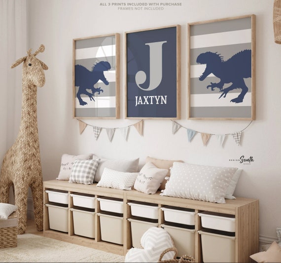 Blue gray and white, kids custom dinosaur wall art, dinosaur wall art theme kids room, prehistoric kids bedroom art, boy room decor, dino