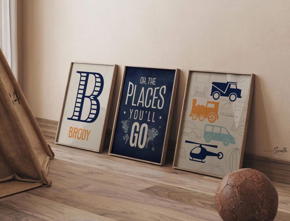 Transportation theme for boys nursery or bedroom, personalized name print for boys, oh the places you'll go, orange, blue, navy, car nursery