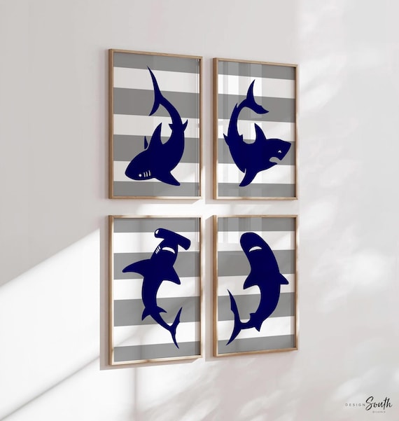 Navy Blue Shark Art Prints: Boys Nautical Nursery Decor