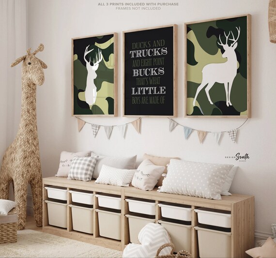 Buck deer nursery decor for boys military green camo, ducks trucks eight point bucks that's what little boys are made of kids hunting quote