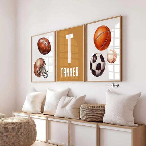 Ochre Yellow Sports Nursery Prints Set of 3, Football Soccer Baseball Basketball Wall Art, Personalized Boy Bedroom Decor Gift