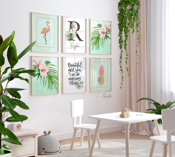 Mint green and coral nursery, mint gold coral girl's room wall art, little girl tropical decor, beautiful girl you can do amazing things art