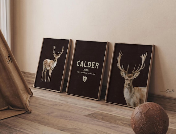 Deer Hunting Nursery Wall Art Set of 3, Watercolor Buck Deer Antler Prints, Personalized Name Initial, Every Legend Has a First Hunt