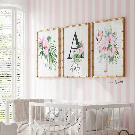 Flamingo Nursery Art Prints: Tropical Baby Girl Room Decor