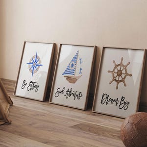 Nautical Nursery Art Prints: Compass, Sailboat, Ship Wheel