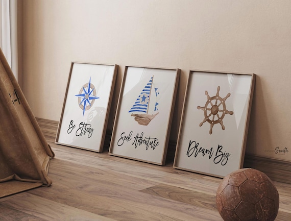 Baby nautical nursery decor, baby nautical gift, blue boy nautical room decor, compass sailboat wooden ship wheel baby room art, sailing art
