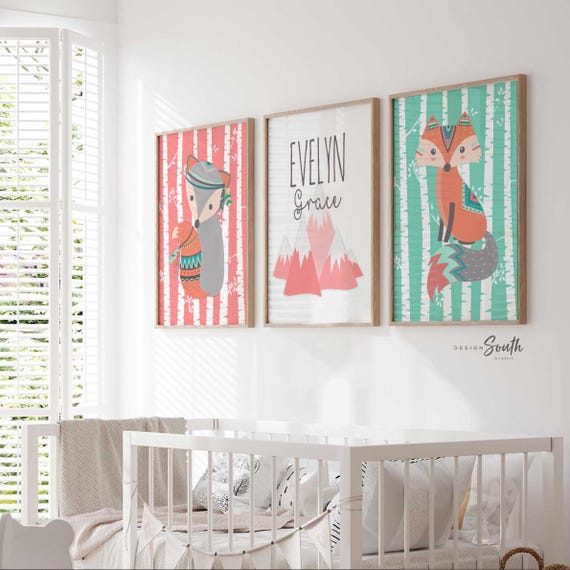 Personalized baby art, girl woodland nursery, coral & mint, boho baby room, girl monogram, baby girl fox, name art, gift for baby girl room