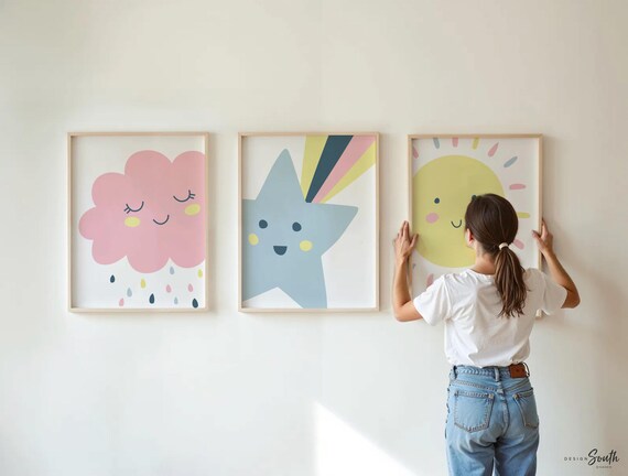 Trendy pastel nursery, shooting star wall art, nursery kids bedroom decor star cloud sun, neutral pastel newborn, sunshine nursery print set