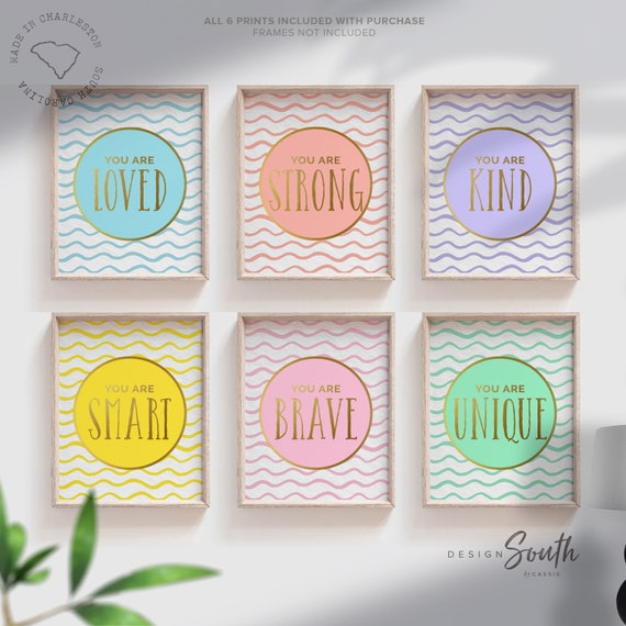 Pastel and gold decor, pastel and gold kids art, positive affirmation wall art prints, pastel girls room decor, girls pastel playroom ideas