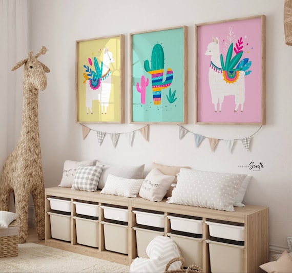 Pink yellow turquoise nursery, girl playroom art, colorful llama wall art for girl, nursery bedroom pink yellow teal baby room wall decor