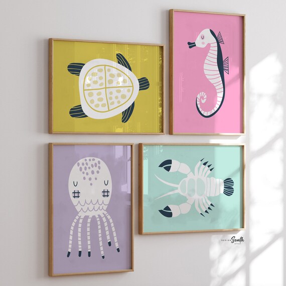 Under the sea wall decor, sea horse octopus lobster sea turtle art print set, kids playroom wall decor, marine nautical theme room kids art