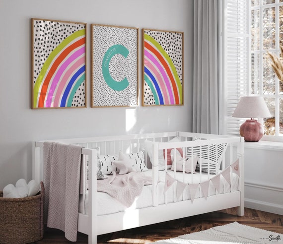 Pink and blue retro girl name art, personalized name initial rainbow, gift for little girl, baby girl birthday gift, retro pink bedroom set