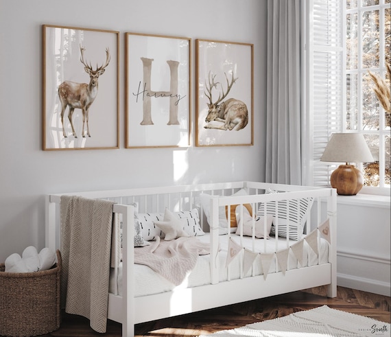Watercolor Deer Nursery Prints: Personalized Name Initial, Earthy Forest Decor