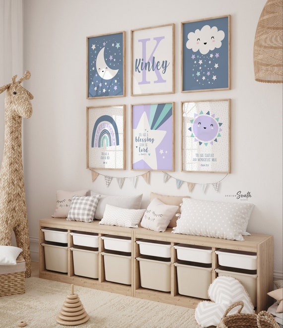 Girl christian nursery, purple aqua nursery christian, moon stars bible verses nursery, scriptures girl's room wall decor, Psalm scriptures