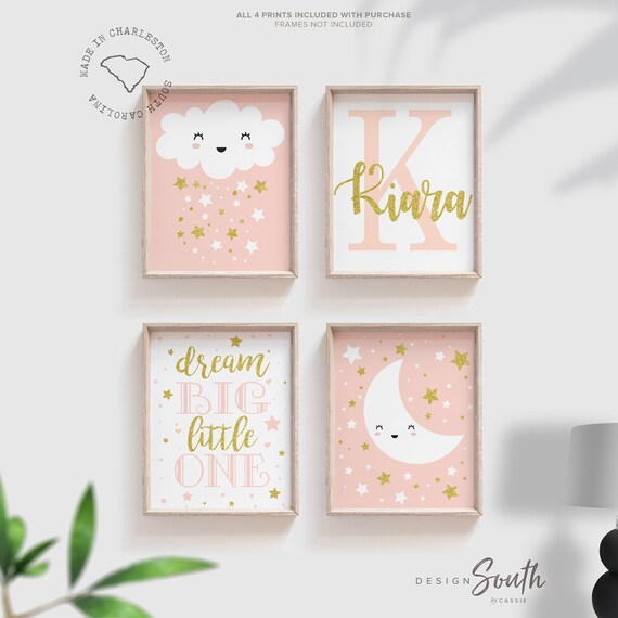 Gold sparkle nursery wall art, personalized decor girls name art, gold star cloud moon dream big, peach gold nursery decor baby shower gift
