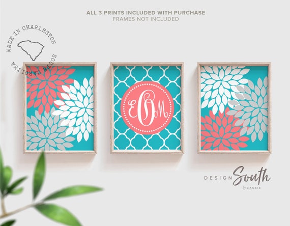 Coral turquoise teal baby girl nursery decor, coral teal gray girl wall art, baby girl coral teal turquoise flowers, girls room flower decor