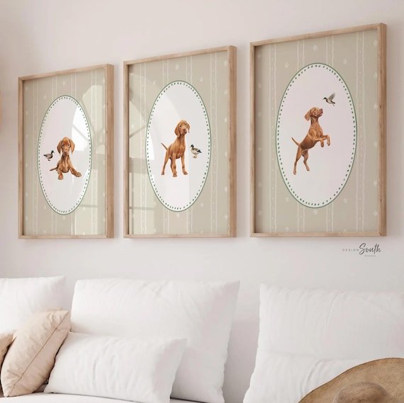 Vizsla Puppy Nursery Art: Duck Hunting Print Set, Green & Beige