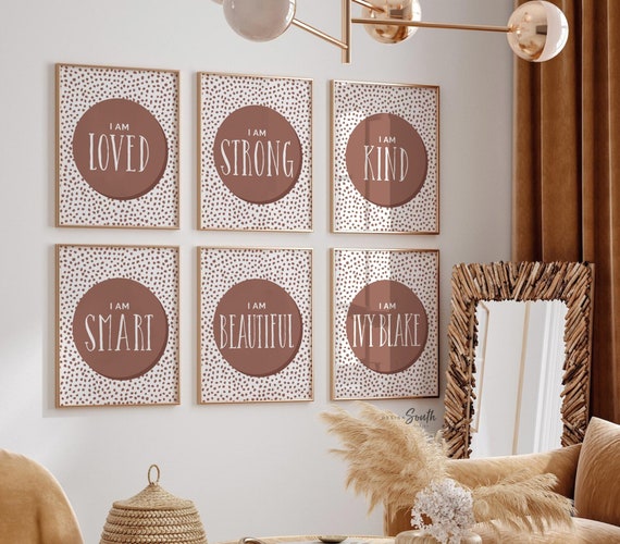Boho mauve brown nursery playroom bedroom art prints, I am affirmations, neutral wall art, boho kids bedroom playroom art, personalized name