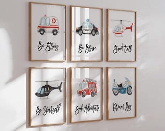 Emergency Vehicle Nursery Art Prints: Watercolor Rescue Vehicles