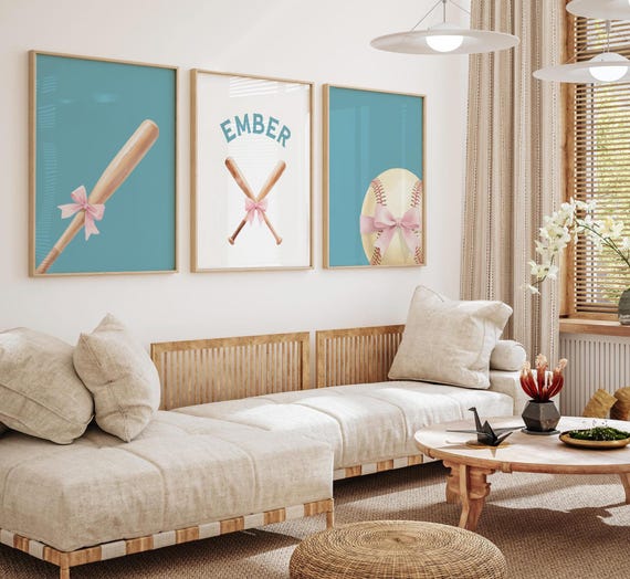 Custom Name Softball Print Set – Pastel Girl Nursery Decor