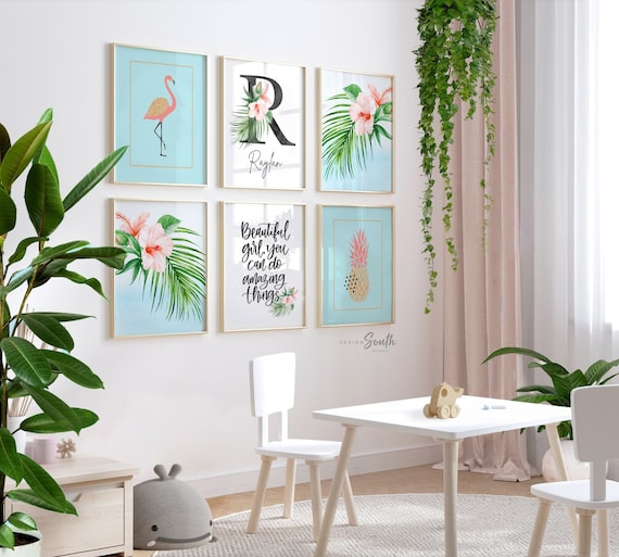 Palm tropical vibrant prints, bright floral tropical nursery decor, tropical beach baby room, coral aqua gold tropical girl nursery bedroom