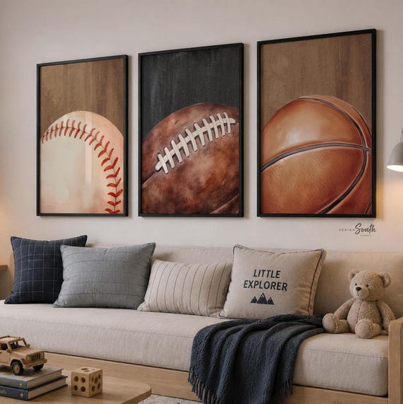 Boys Sports Nursery Prints – Baseball, Football & Basketball Wall Art for Bedroom Decor (Set of 3)