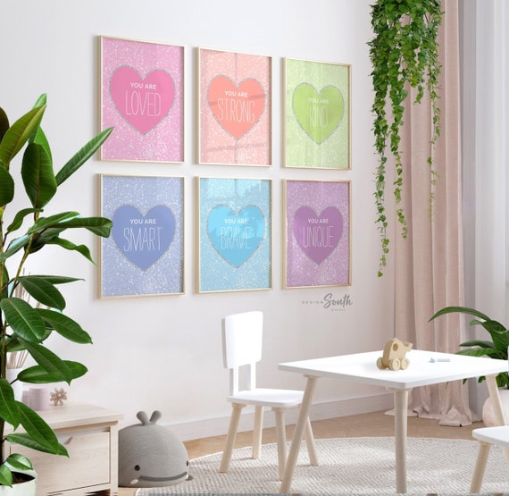 Girl room decor ideas, girl room themes, girls room wall decor, heart themed kid room, toddler girl bedroom art, little girl love pastel art