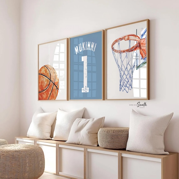 Basketball Wall Art Set of 3, Personalized Boys Basketball Nursery Decor, Blue Basketball Prints, Name Number Jersey, Little Baller Room Art