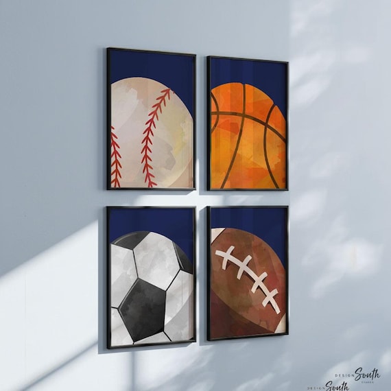 Navy Blue Sports Ball Nursery Prints: Boy's Room Decor, Set of 4