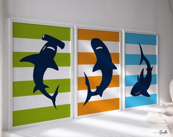 Shark Wall Art Prints: Colorful Nursery, Playroom Decor