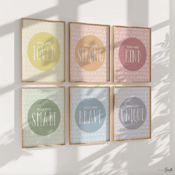 Kid pastel bedroom wall decor, boy or girl playroom, art for children, playroom prints, you are strong brave smart kind unique loved quotes