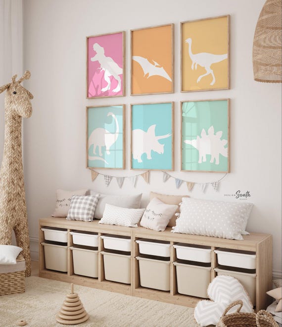 Pastel Dinosaur Nursery Decor: Colorful Dinosaur Wall Art Prints