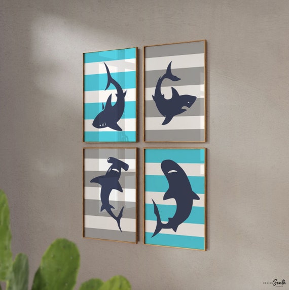 Boys room sharks, toddler shark room, shark decor, shark art, playroom decor ideas, bathroom shark decor, shark art prints for bathroom wall