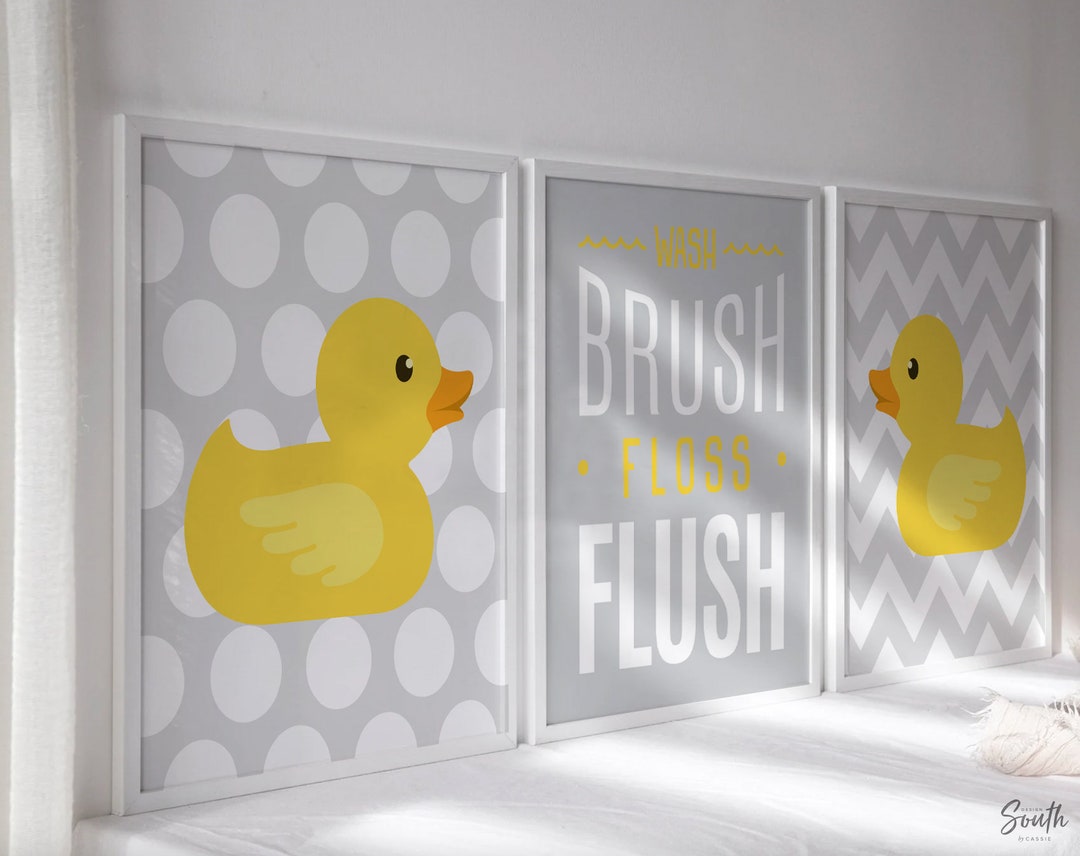 Rubber Duckie Bathroom Art, Rubber Duck Bath Art, Gray Yellow, Duck Art