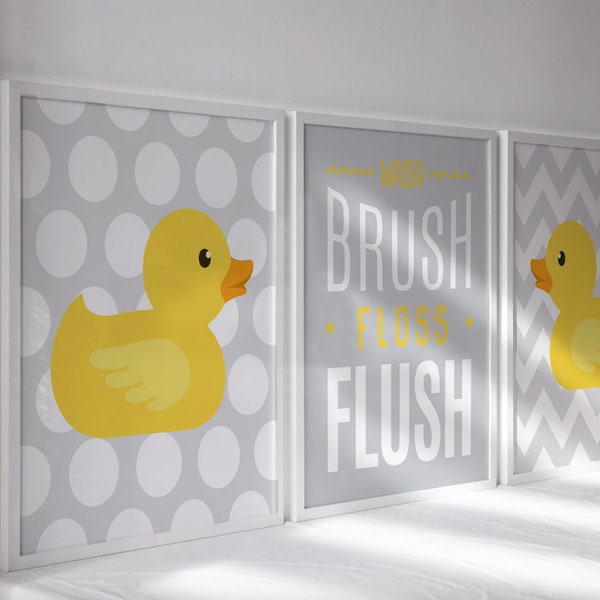 Rubber duckie bathroom art, rubber duck bath art, gray yellow, duck art, duck print, kids bathroom art, kids bathroom decor, unisex bathroom