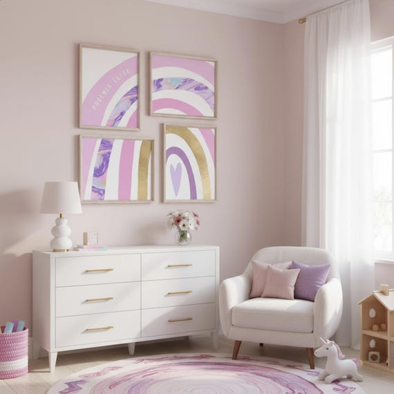 Pink & Purple Rainbow Art Prints: Gold Foil Nursery Decor