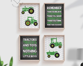 Kids farm tractor truck theme bedroom decor, baby boy tractor gift, boy nursery tractor theme, print poster set green gray tractor trucks