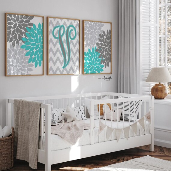 Girls bedroom wall decor turquoise and gray, little girl's monogram teal turquoise, nursery monogram girl, floral pictures for girls room