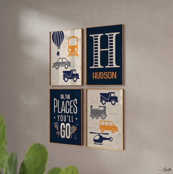 Transportation theme nursery decor, gray orange navy blue oh the places you'll go, personalized print transportation helicopter train decor