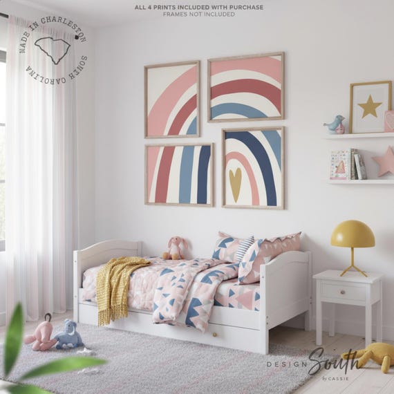 Rainbow Nursery Art Prints: Mauve Pink & Navy Blue Decor